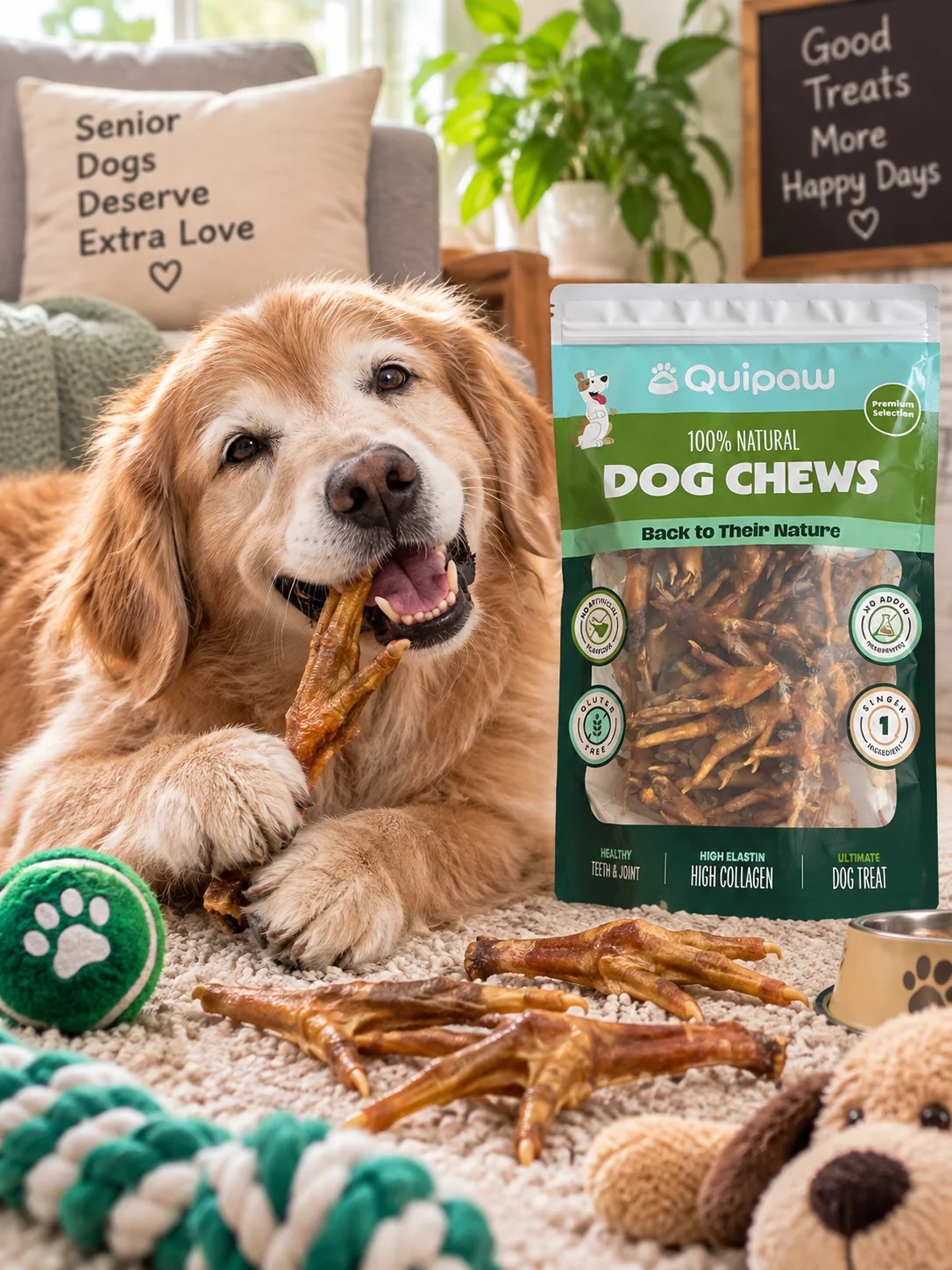 A dog beside a pack of chicken feet treats