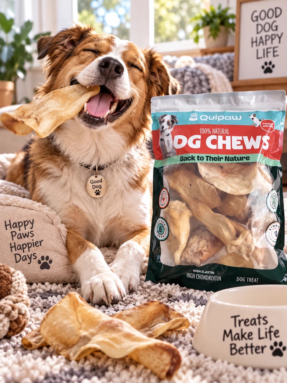 A dog enjoying a cow ear on a sunny sofa