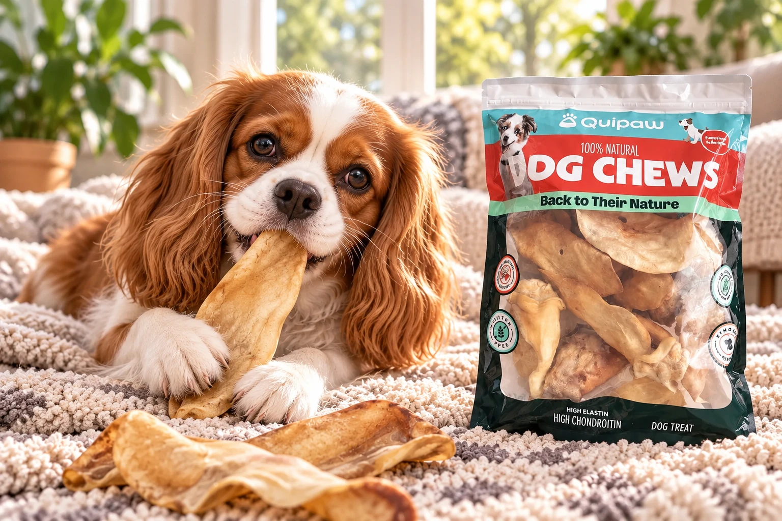A calm Cavalier King Charles Spaniel gently enjoying a cow ear beside its Quipaw treats